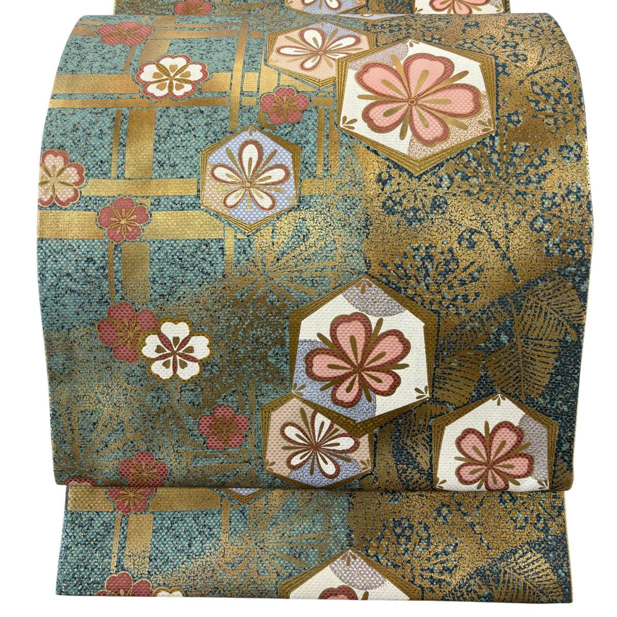 【美品】 袋帶 秀品級 落款あり 中嶋まさひろ 松樹葉龜甲 櫻花 金銀彩 綠 六通 純蠶絲