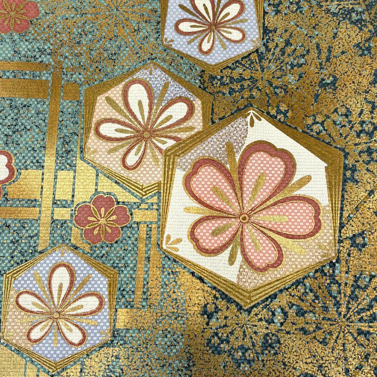 【美品】 袋帶 秀品級 落款あり 中嶋まさひろ 松樹葉龜甲 櫻花 金銀彩 綠 六通 純蠶絲