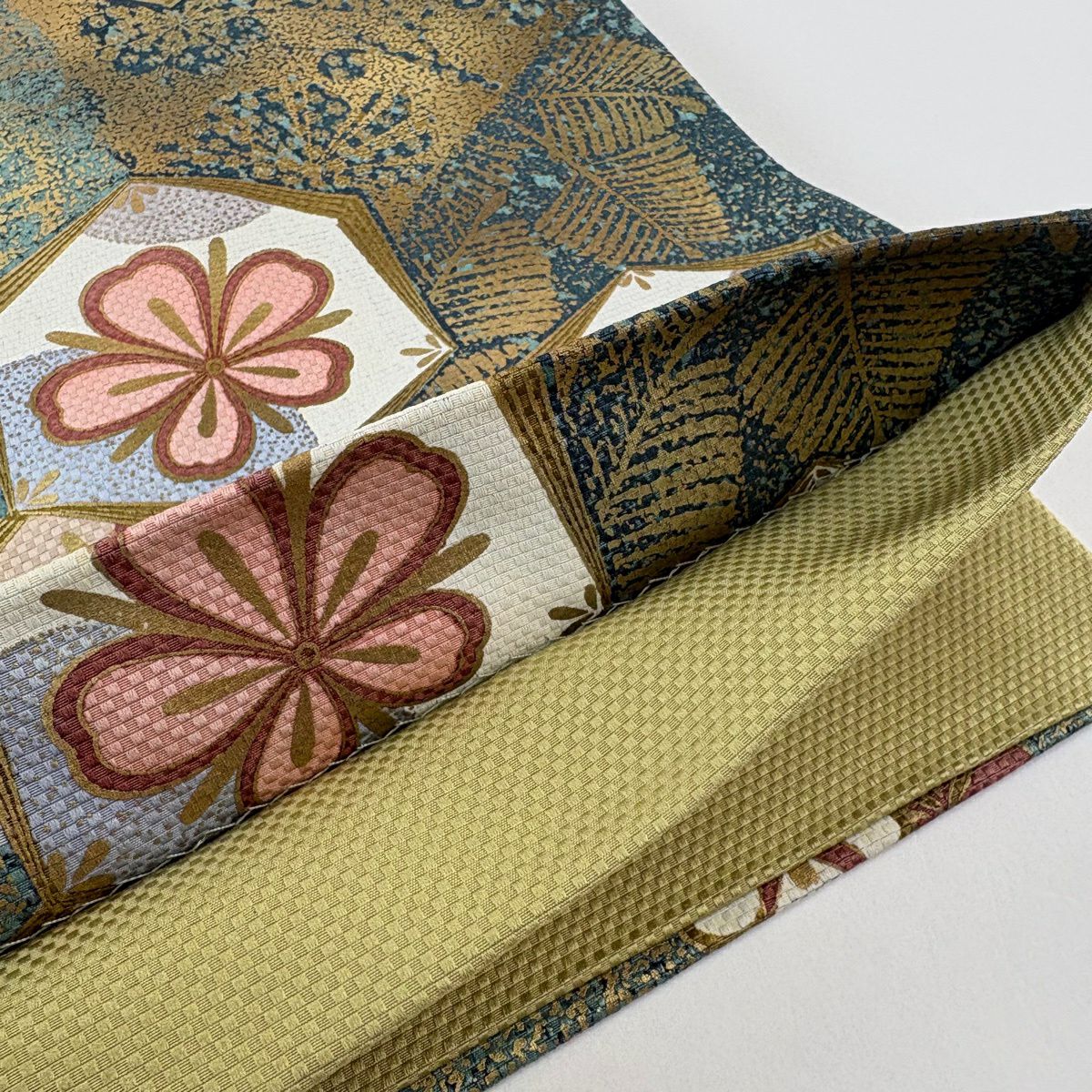 【美品】 袋帶 秀品級 落款あり 中嶋まさひろ 松樹葉龜甲 櫻花 金銀彩 綠 六通 純蠶絲