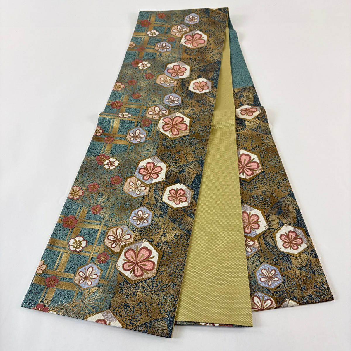 【美品】 袋帶 秀品級 落款あり 中嶋まさひろ 松樹葉龜甲 櫻花 金銀彩 綠 六通 純蠶絲