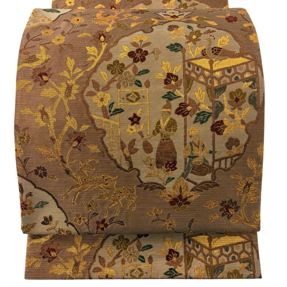 【美品】 袋帶 秀品級 人物 動物 金絲 金金箔 淺茶 六通 純蠶絲