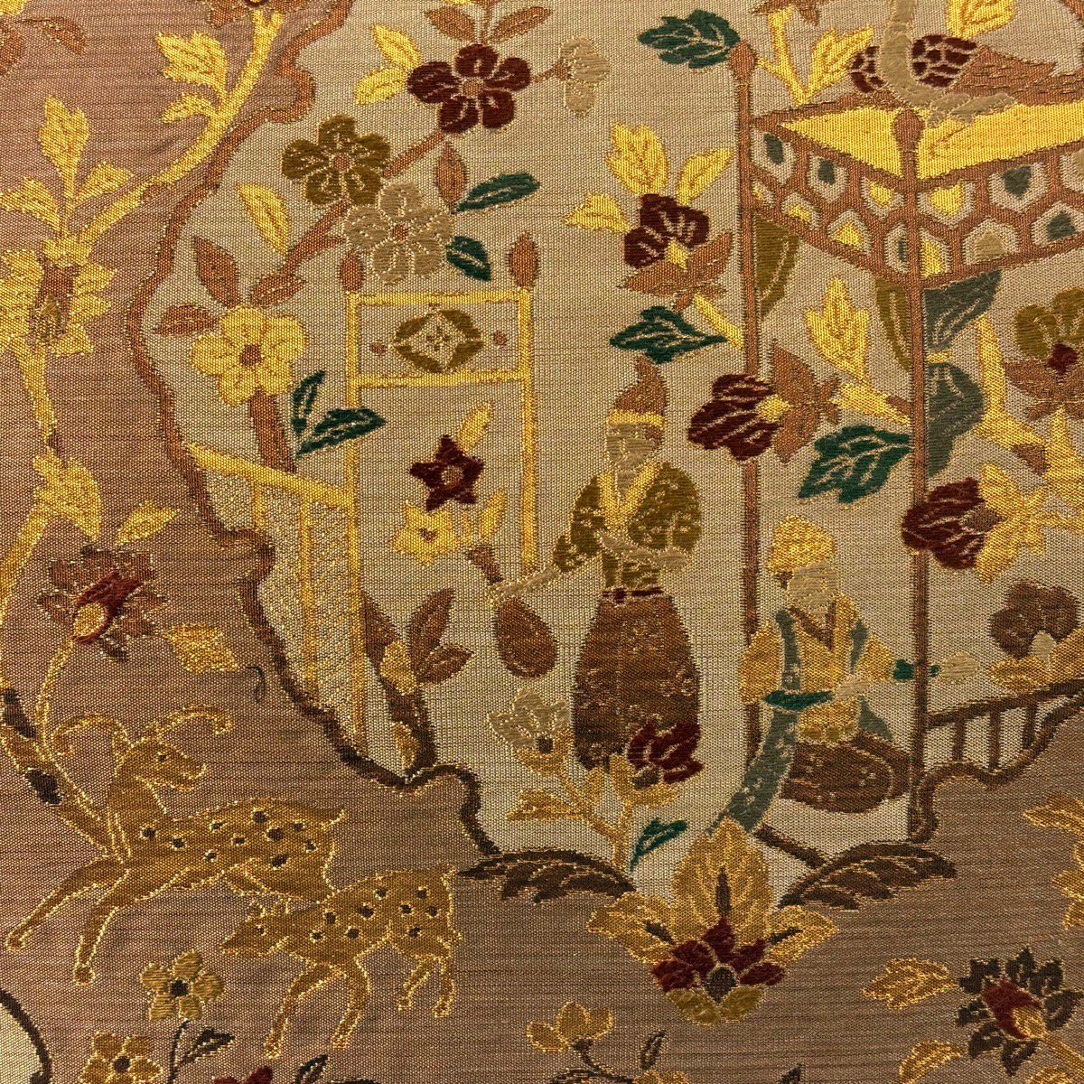 【美品】 袋帶 秀品級 人物 動物 金絲 金金箔 淺茶 六通 純蠶絲