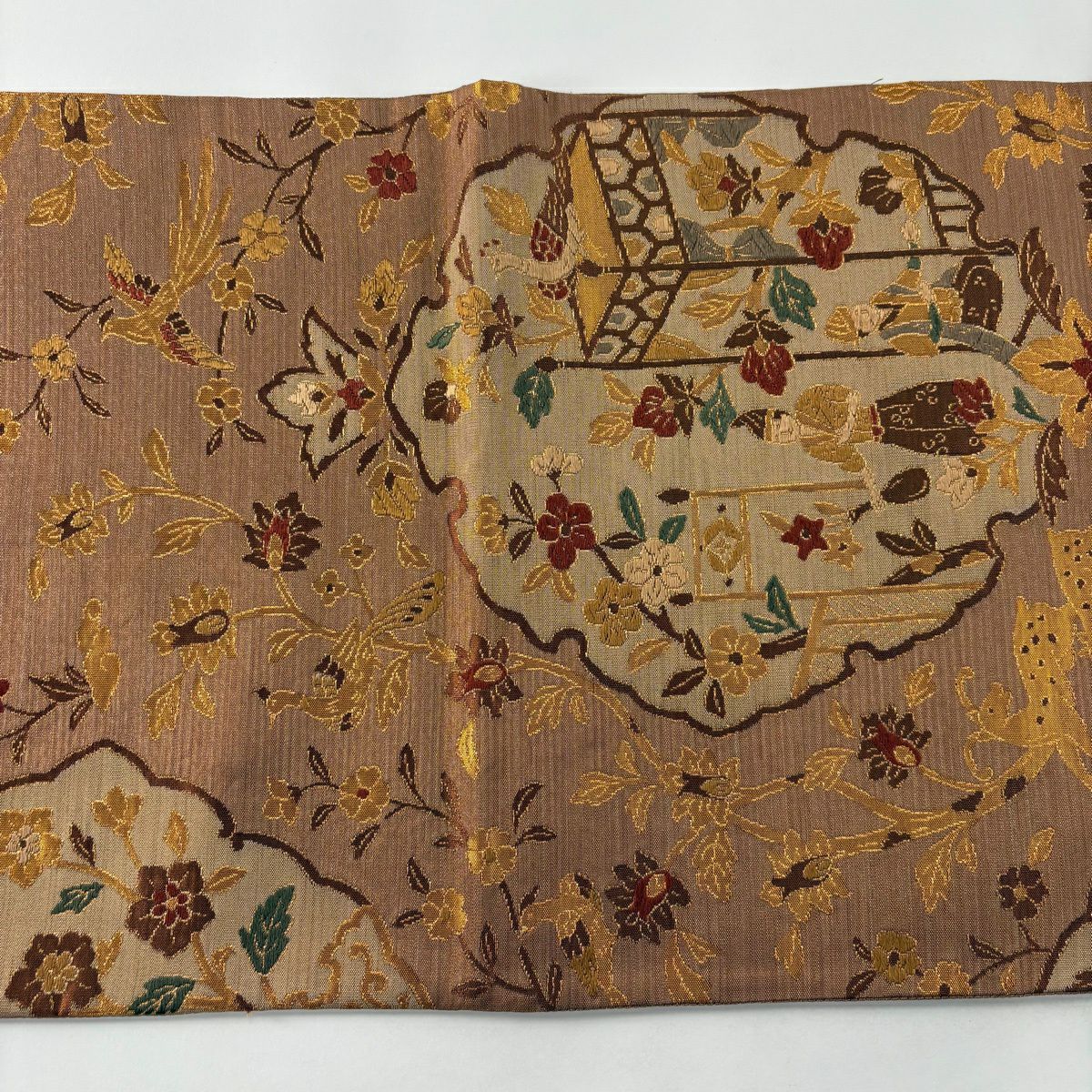 【美品】 袋帶 秀品級 人物 動物 金絲 金金箔 淺茶 六通 純蠶絲