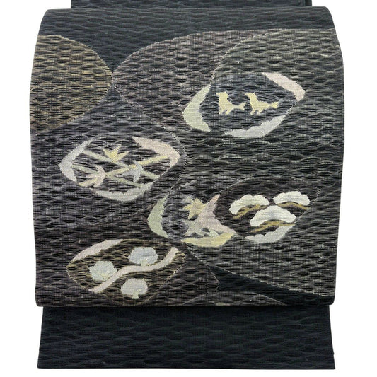 袋帶 秀品級 松樹 竹子 金銀線 墨 黑 太鼓圖案 純蠶絲