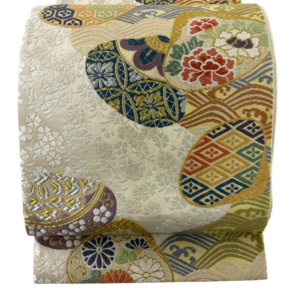 【美品】 袋帶 秀品級 貝合牡丹 金銀彩 刺繡 米色 六通 純蠶絲