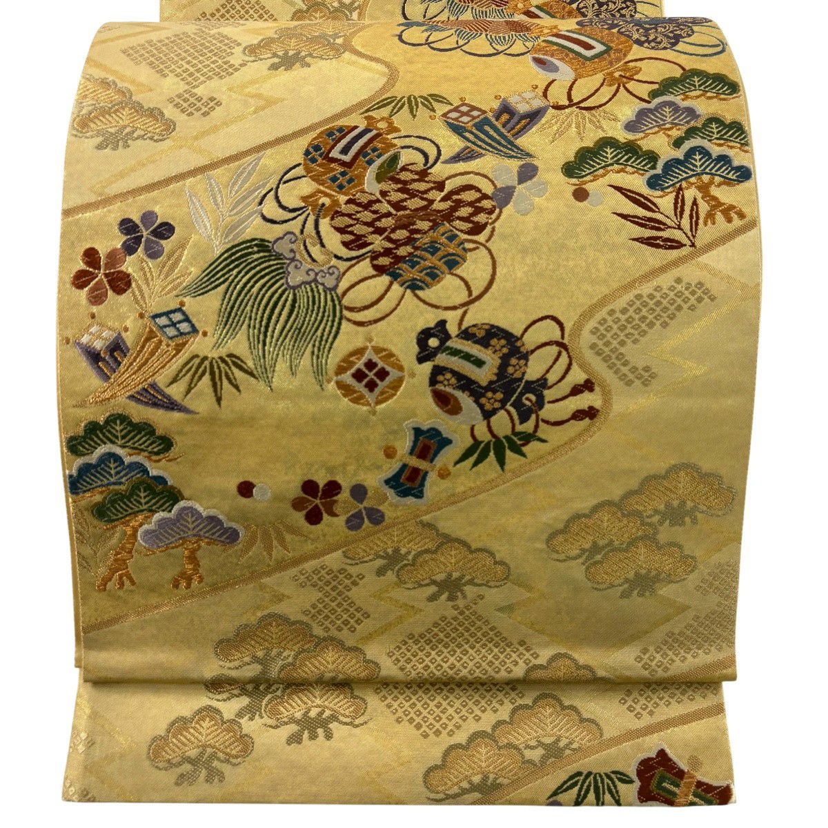 【美品】 袋帶 秀品級 寶盡くし 松樹竹子梅花 金絲 金金箔 金色 六通 純蠶絲