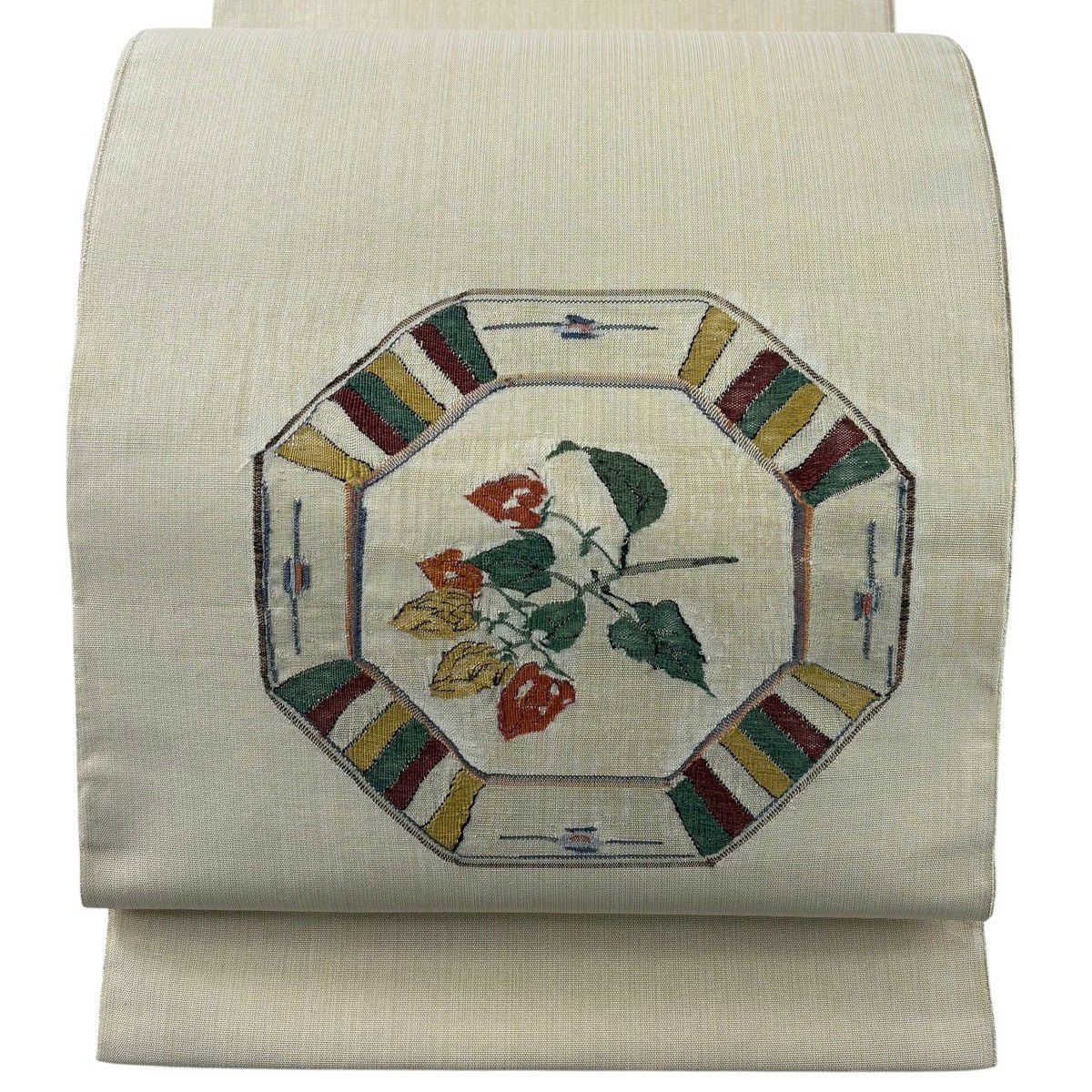 【美品】 袋帶 秀品級 草花紋紋 金糸 米色 お太鼓柄 純蠶絲