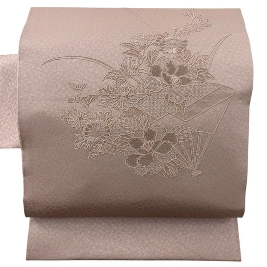 【美品】名古屋帶 優品級 草花紋紋 扇子子刺繡 粉紅 純蠶絲