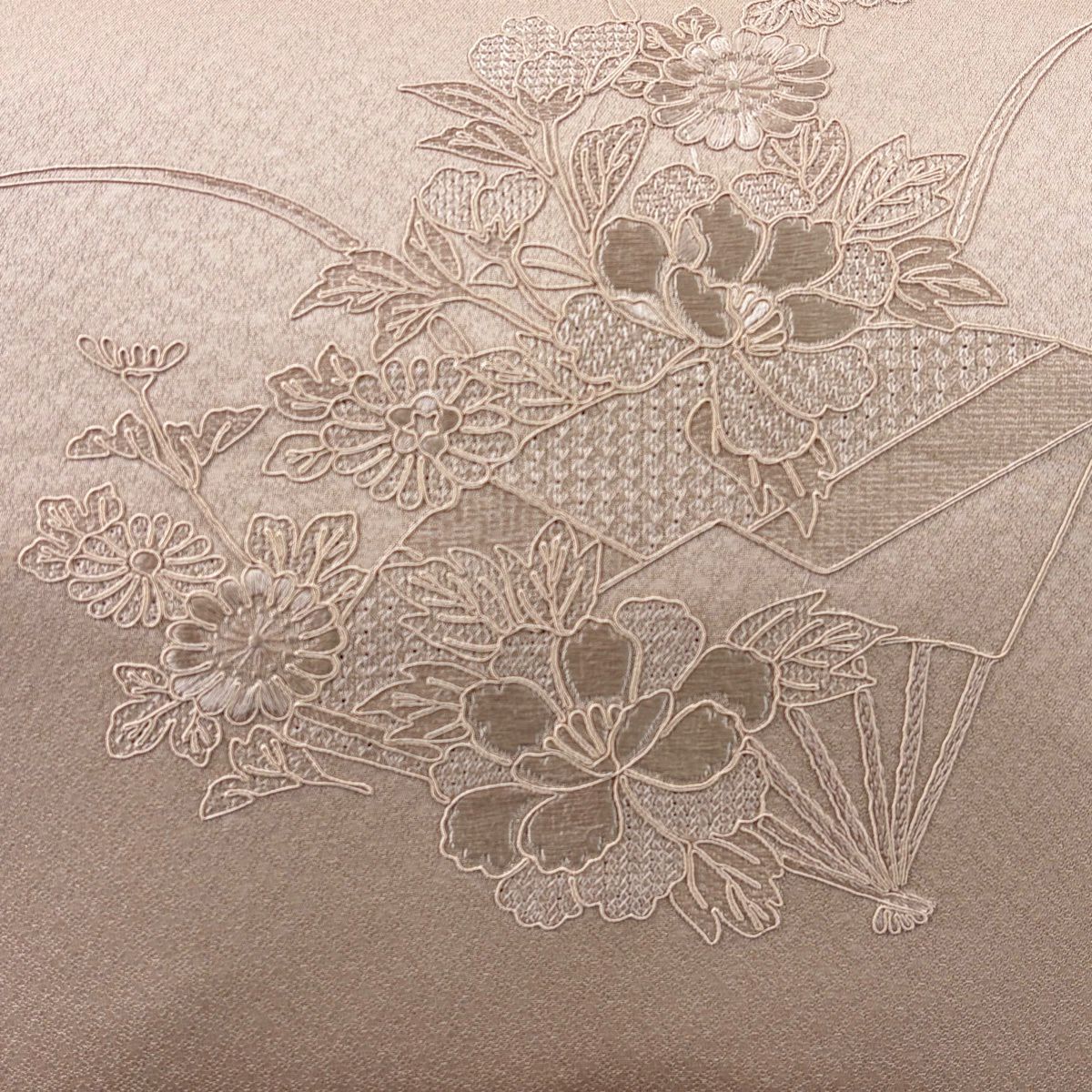 【美品】名古屋帶 優品級 草花紋紋 扇子子刺繡 粉紅 純蠶絲