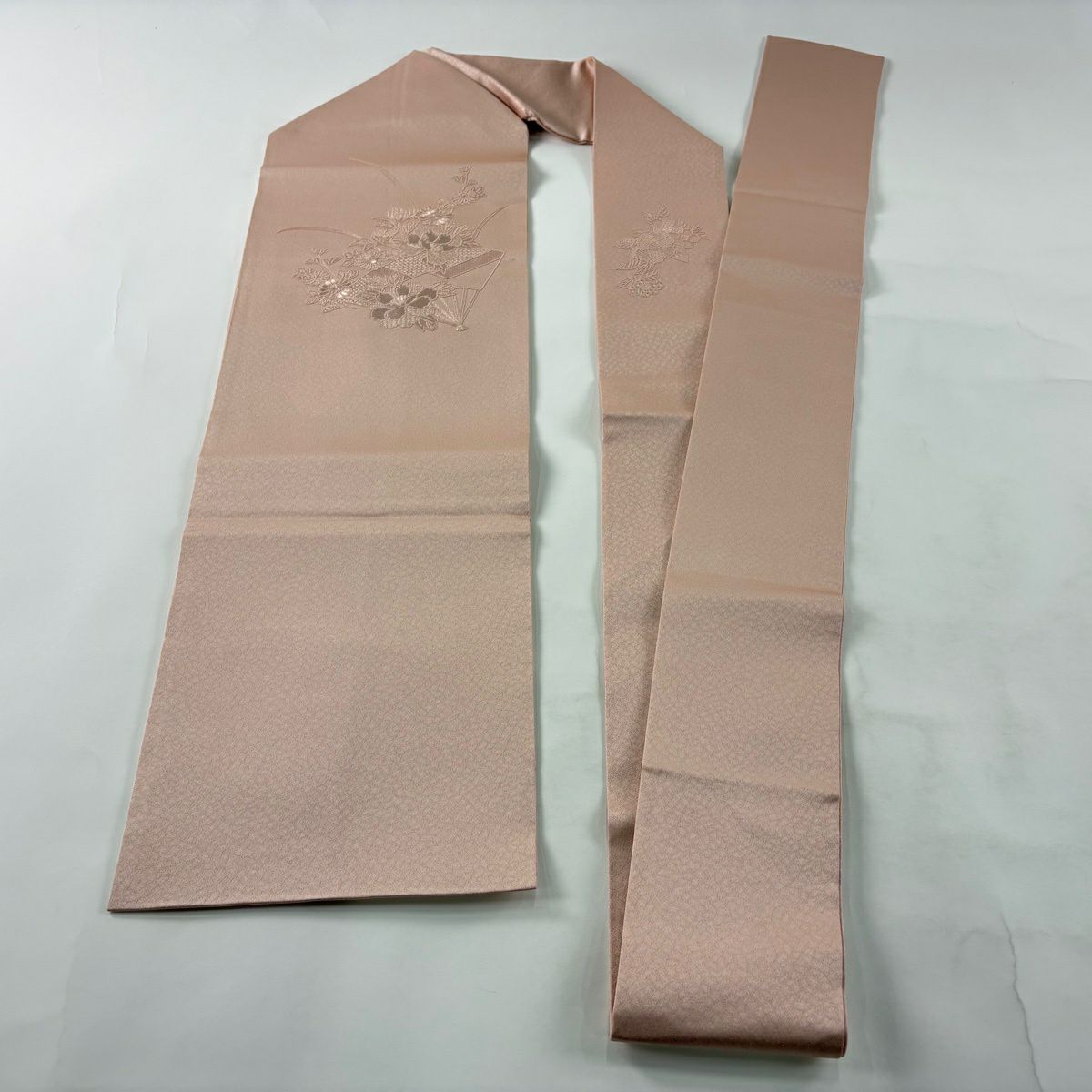 【美品】名古屋帶 優品級 草花紋紋 扇子子刺繡 粉紅 純蠶絲