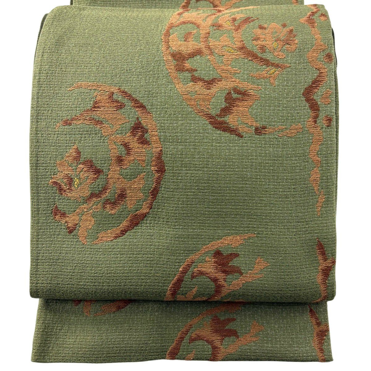 【美品】 袋帶 秀品級 草花紋 よもぎ色 六通 純蠶絲