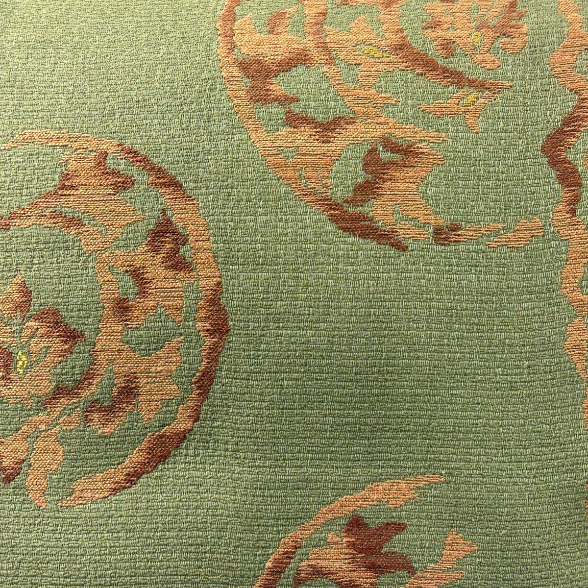 【美品】 袋帶 秀品級 草花紋 よもぎ色 六通 純蠶絲