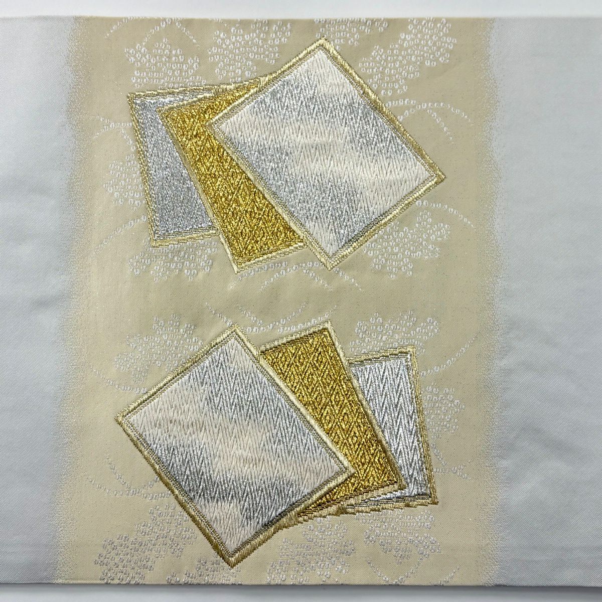 開口名古屋帶 秀品級 色紙 菊花花 金銀彩 刺繡 灰色 純蠶絲