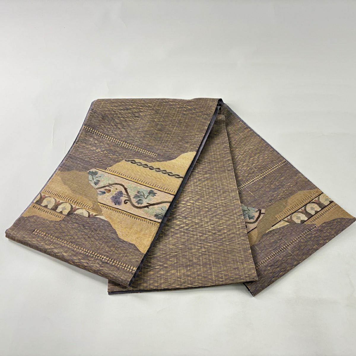 【美品】 袋帶 秀品級 附落款 枝葉 幾何學圖案 灰紫色 お太鼓圖案 純蠶絲
