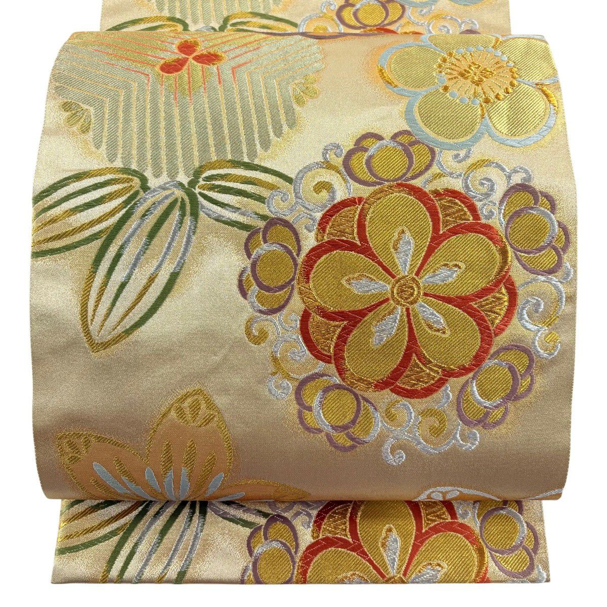 【美品】 袋帶 秀品級 振袖禮服禮服用 梅花 若松樹 金銀線 刺繡 金色 六通 純蠶絲