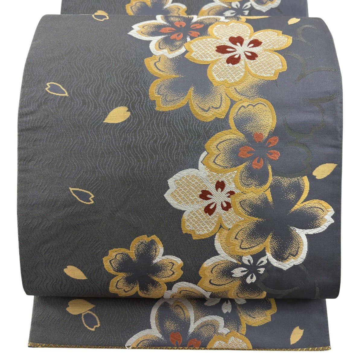 袋帶 秀品級 樱花 樱花花瓣 刺繡 灰色 六通 純蠶絲