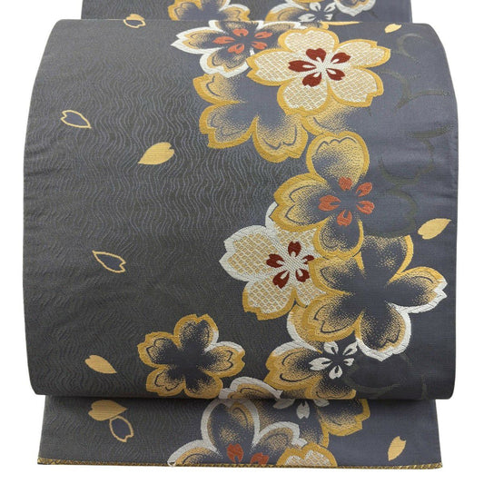 袋帶 秀品級 樱花 樱花花瓣 刺繡 灰色 六通 純蠶絲
