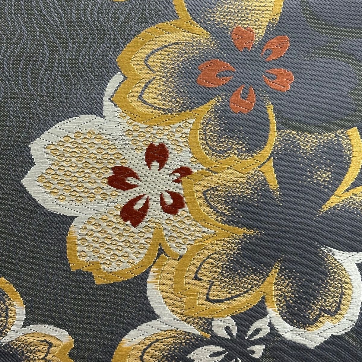 袋帶 秀品級 樱花 樱花花瓣 刺繡 灰色 六通 純蠶絲