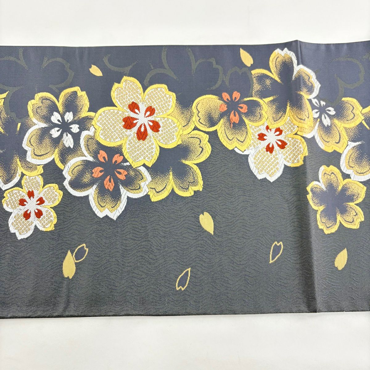袋帶 秀品級 樱花 樱花花瓣 刺繡 灰色 六通 純蠶絲