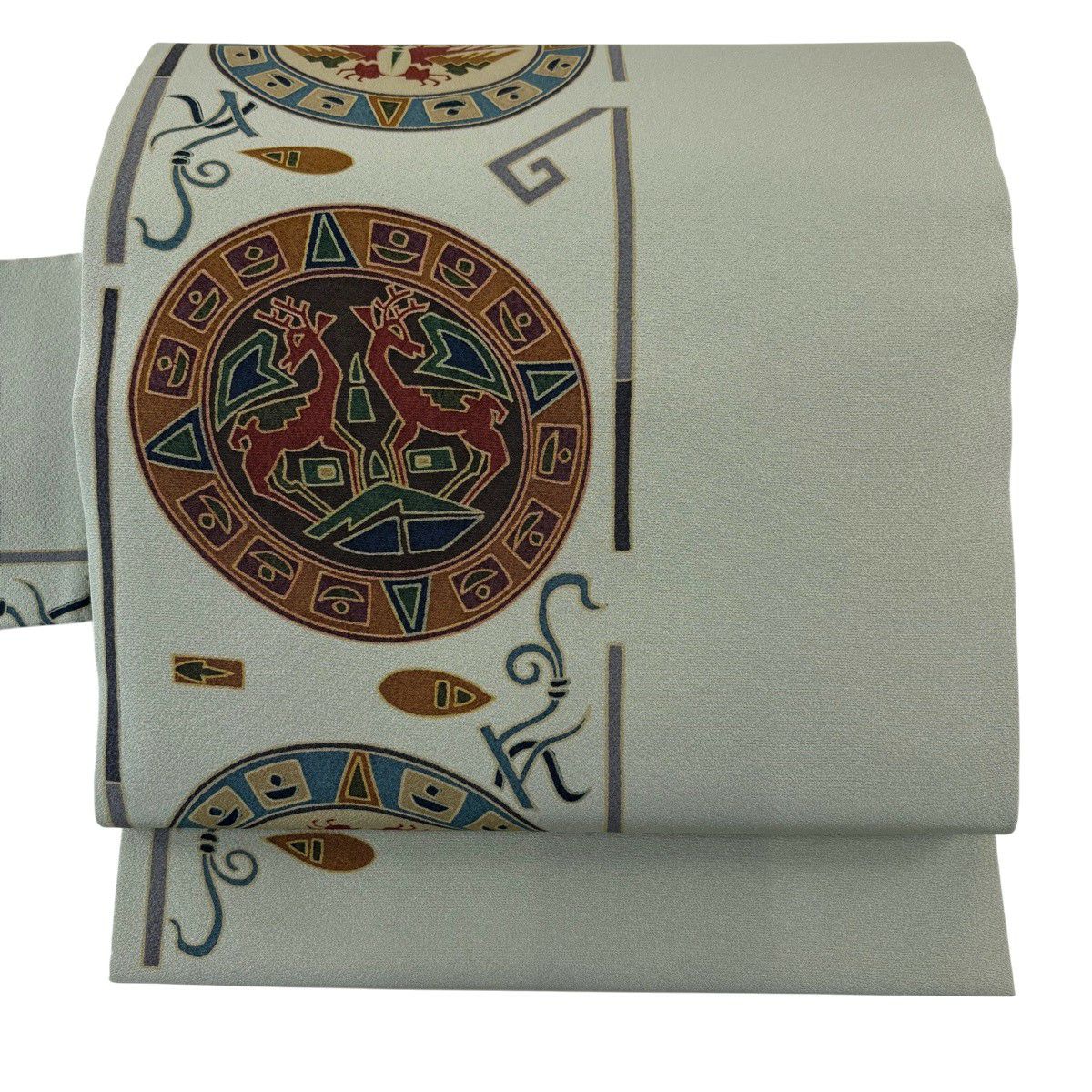 【美品】名古屋帶 秀品級 圖盤 動物 灰綠 純蠶絲