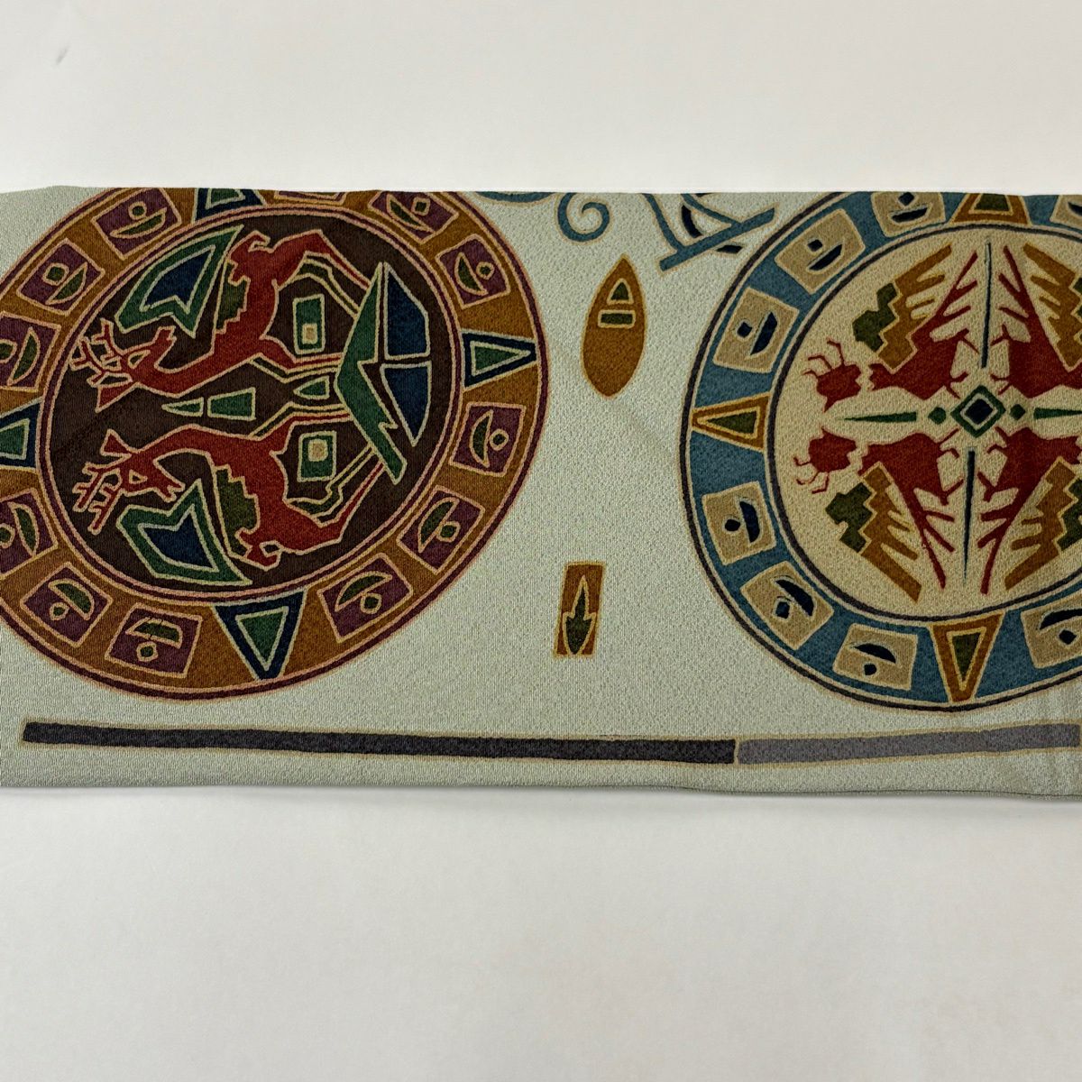 【美品】名古屋帶 秀品級 圖盤 動物 灰綠 純蠶絲