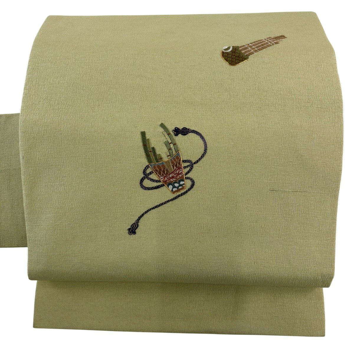 名古屋帶 秀品級 和樂器 金絲 刺繡 抹茶 純蠶絲