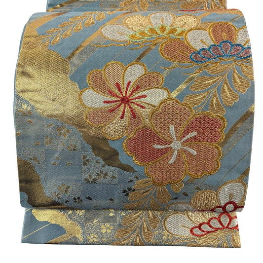 袋帶 秀品級 松樹 樱 金銀絲 金金箔 青灰 六通 純蠶絲