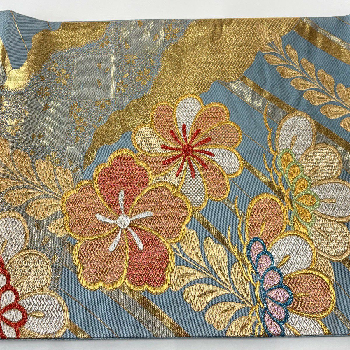袋帶 秀品級 松樹 樱 金銀絲 金金箔 青灰 六通 純蠶絲