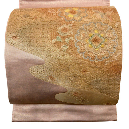袋帶 秀品級 華紋 菊花唐草紋 金絲 刺繡 粉米色 大鼓圖案 純蠶絲