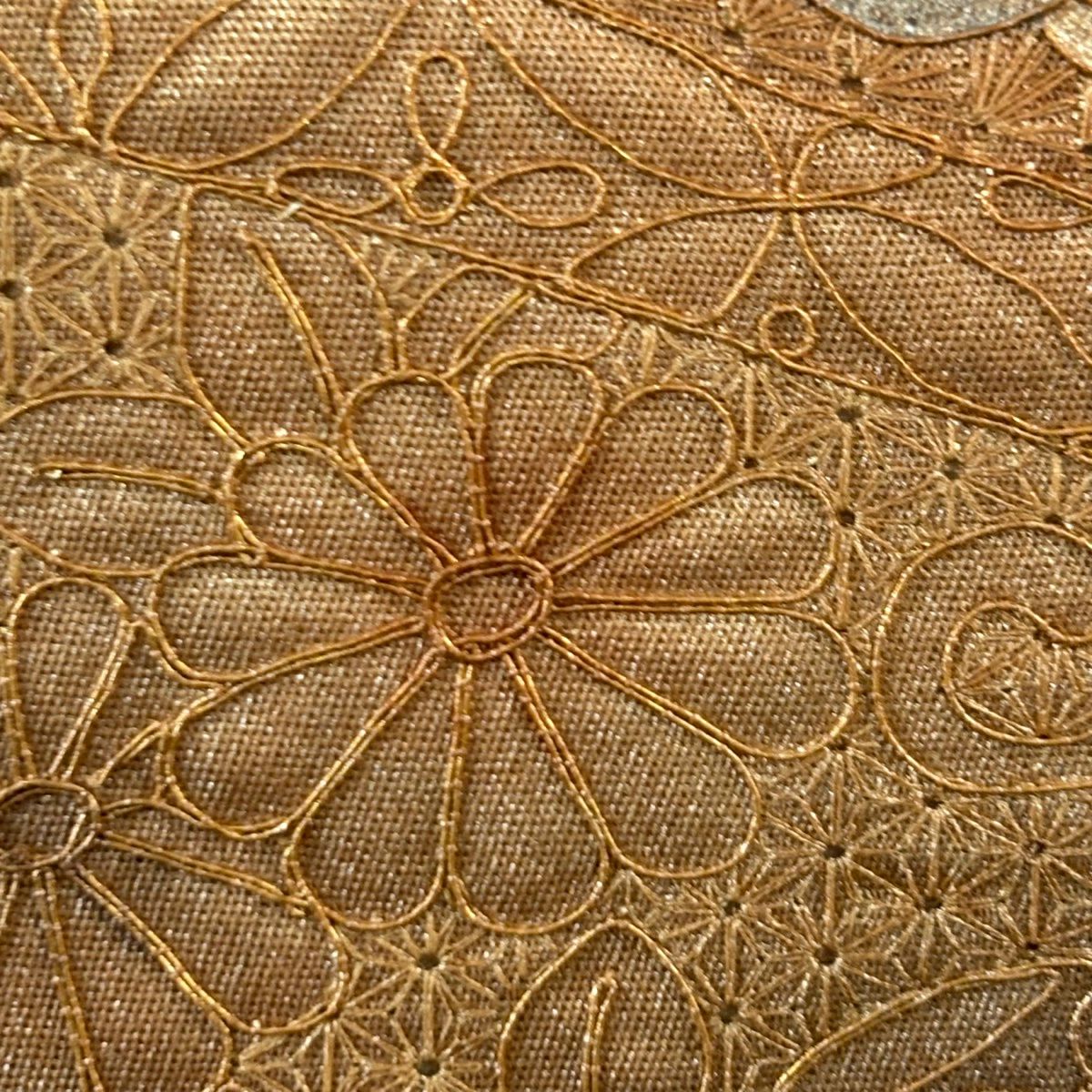 袋帶 秀品級 華紋 菊花唐草紋 金絲 刺繡 粉米色 大鼓圖案 純蠶絲