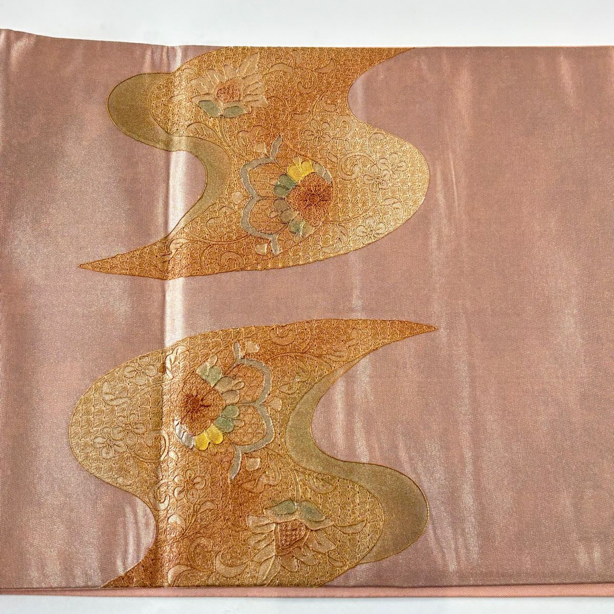 袋帶 秀品級 華紋 菊花唐草紋 金絲 刺繡 粉米色 大鼓圖案 純蠶絲
