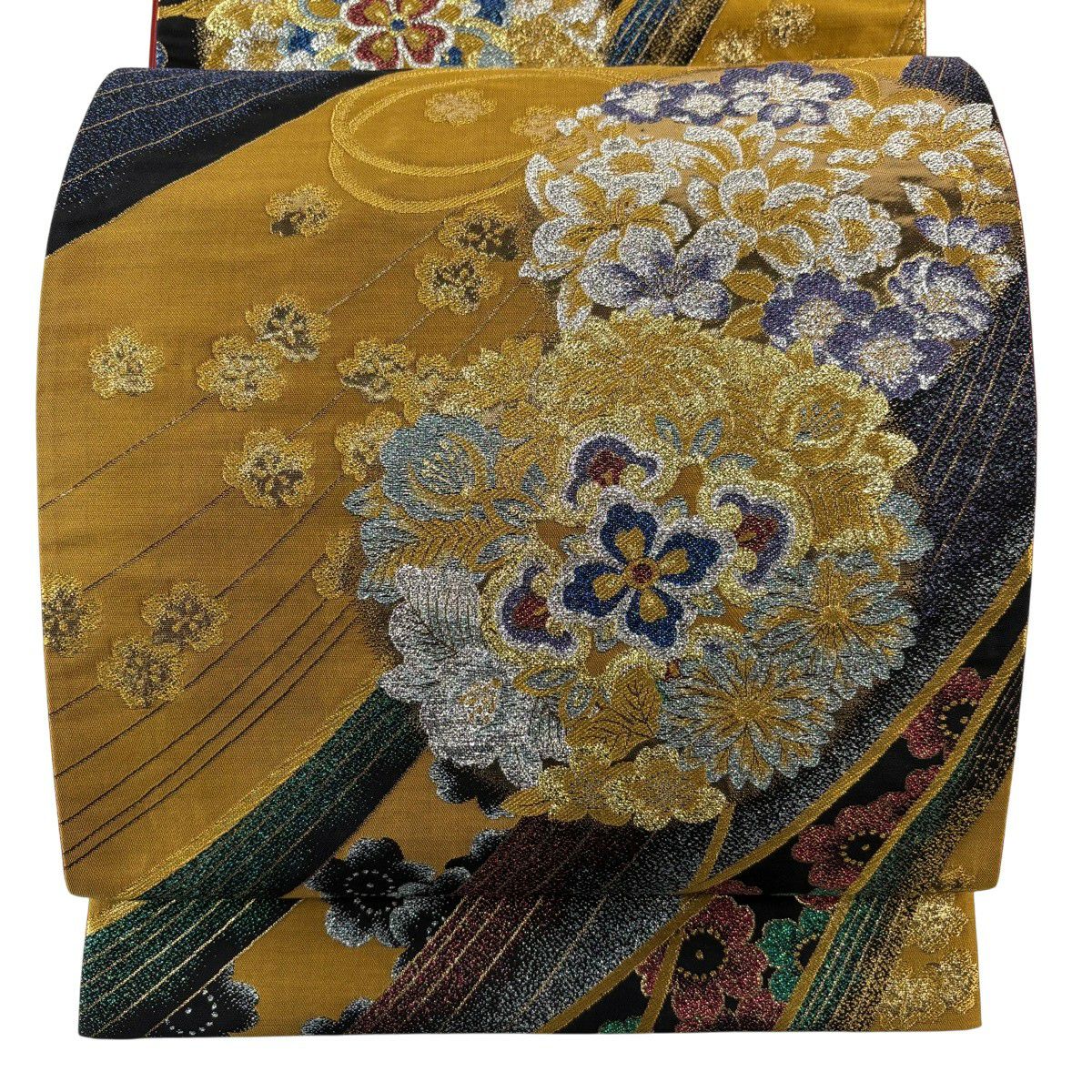 【美品】 袋帶 秀品級 振袖禮服禮服用 華紋 花丸文 金絲 金金箔 山吹茶 深藍 六通 純蠶絲