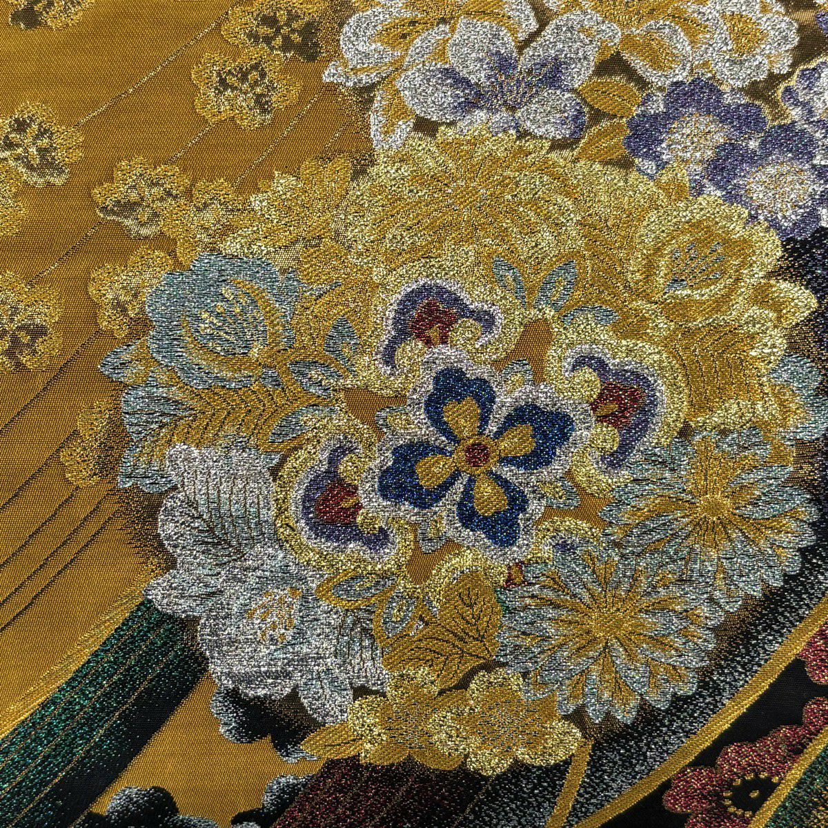 【美品】 袋帶 秀品級 振袖禮服禮服用 華紋 花丸文 金絲 金金箔 山吹茶 深藍 六通 純蠶絲