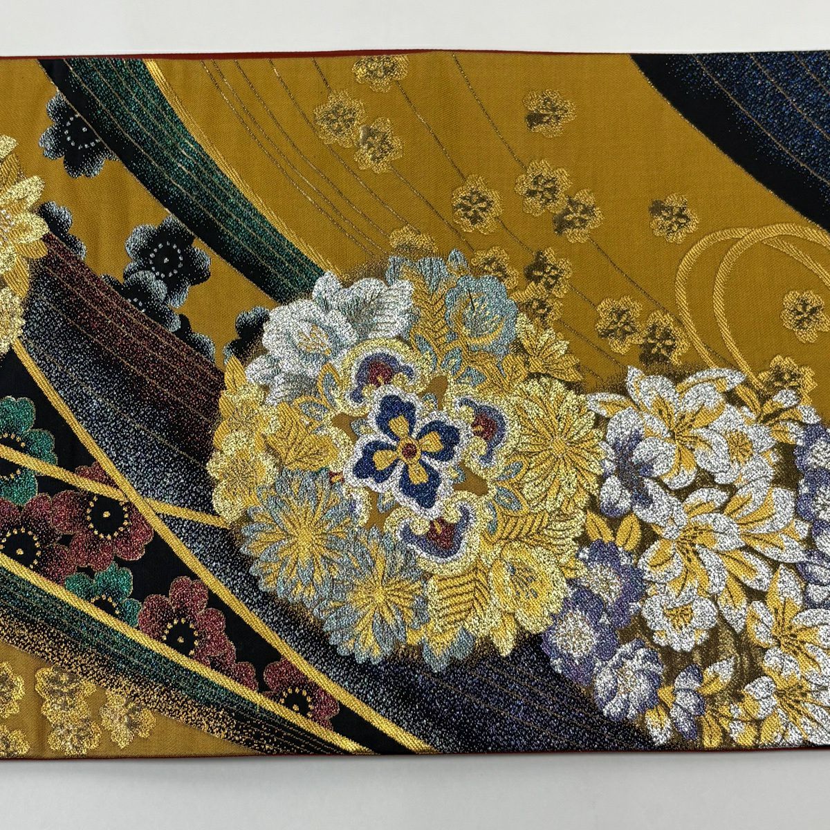 【美品】 袋帶 秀品級 振袖禮服禮服用 華紋 花丸文 金絲 金金箔 山吹茶 深藍 六通 純蠶絲