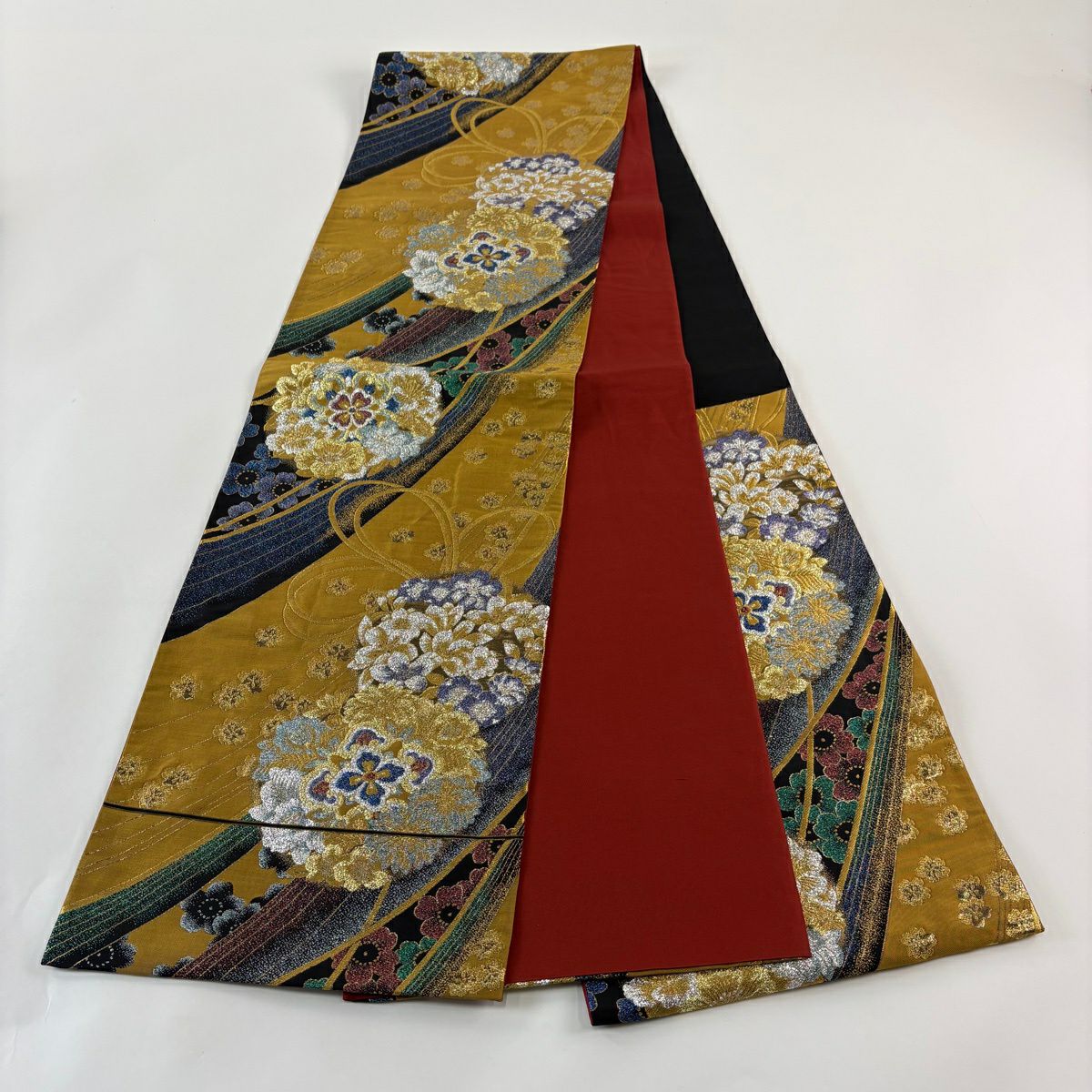 【美品】 袋帶 秀品級 振袖禮服禮服用 華紋 花丸文 金絲 金金箔 山吹茶 深藍 六通 純蠶絲