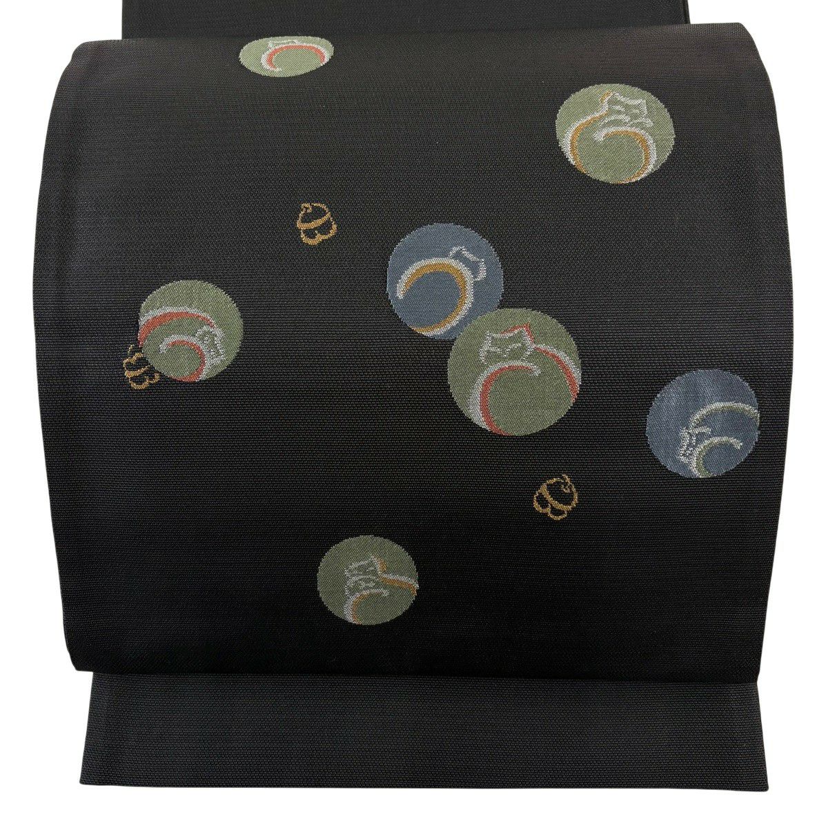 【美品】 袋帶 名古屋帶 秀品級 貓 鈴 黑 純蠶絲
