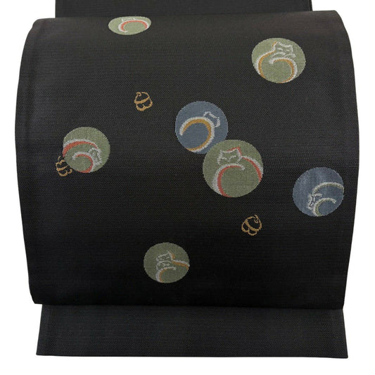 【美品】 袋帶 名古屋帶 秀品級 貓 鈴 黑 純蠶絲