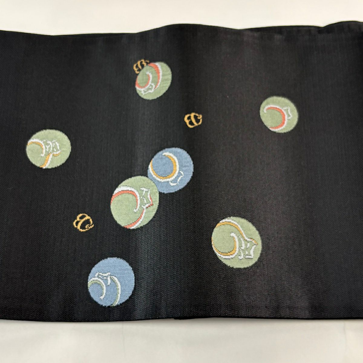 【美品】 袋帶 名古屋帶 秀品級 貓 鈴 黑 純蠶絲