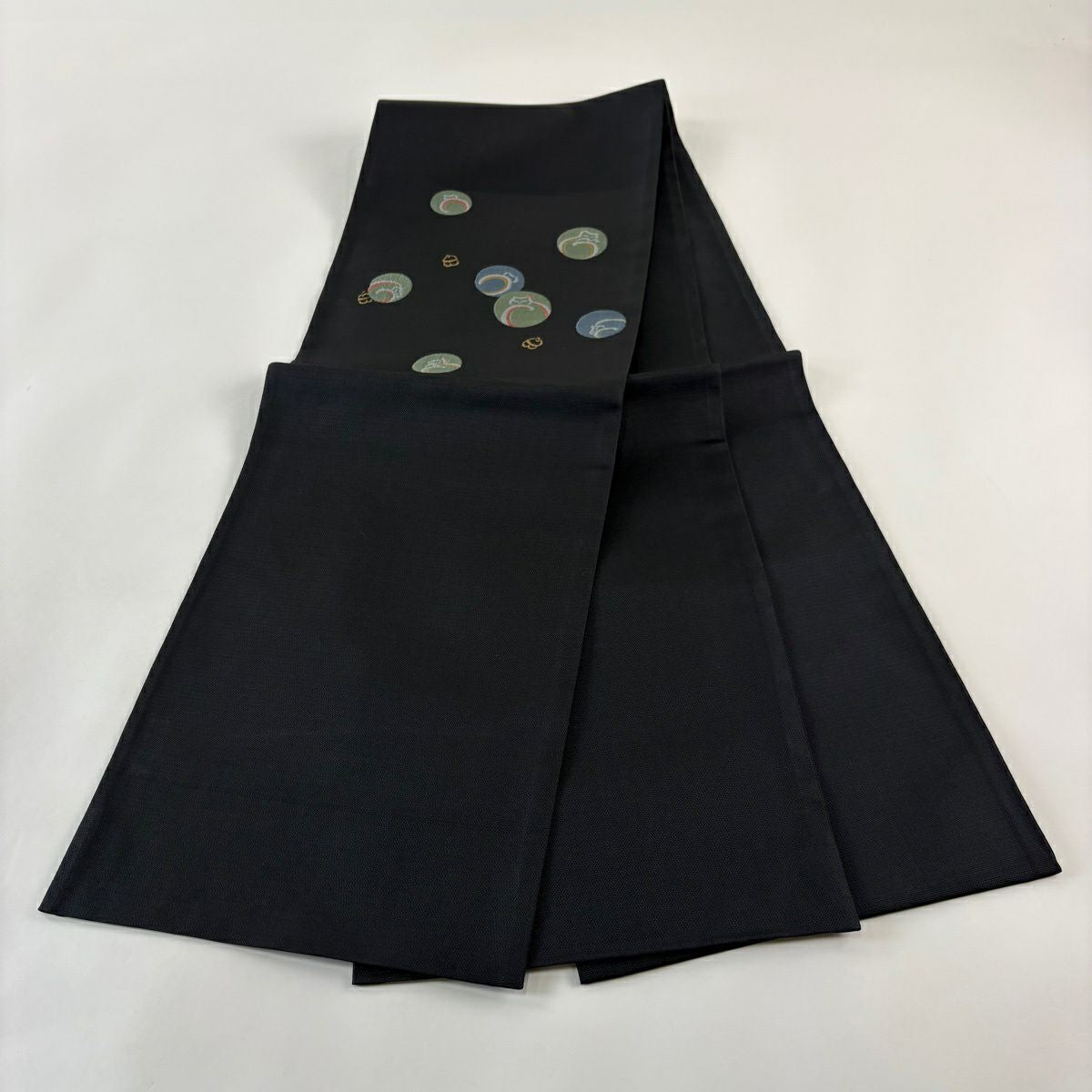 【美品】 袋帶 名古屋帶 秀品級 貓 鈴 黑 純蠶絲