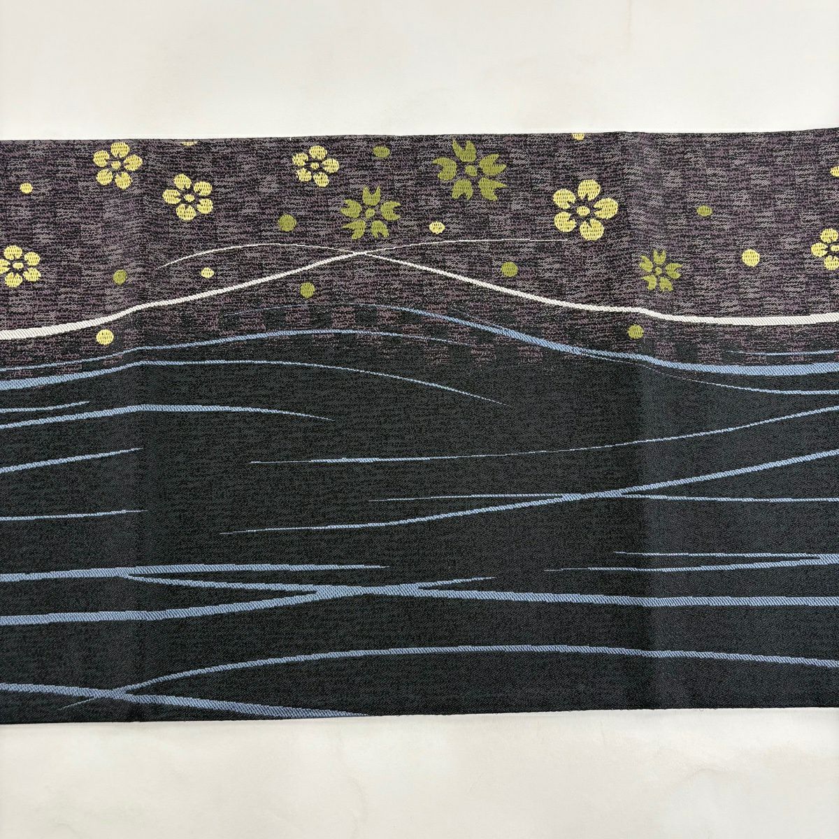 【美品】 袋帶 秀品級 市松樹 梅花 金絲 深藍 六通 純蠶絲