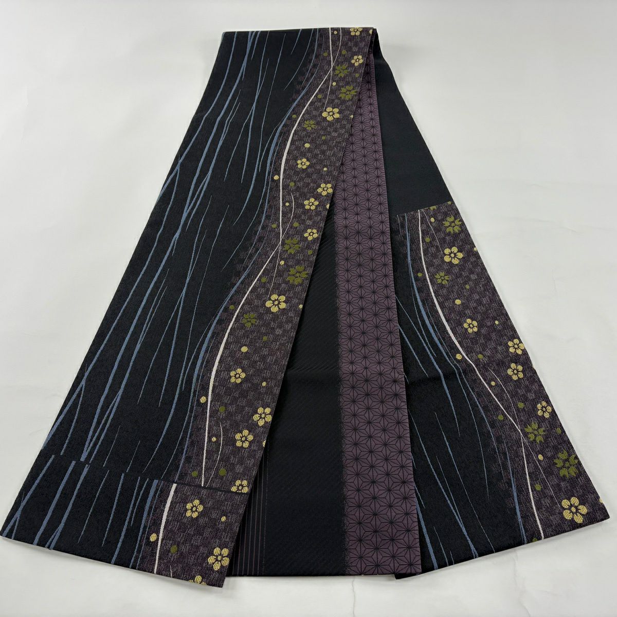 【美品】 袋帶 秀品級 市松樹 梅花 金絲 深藍 六通 純蠶絲
