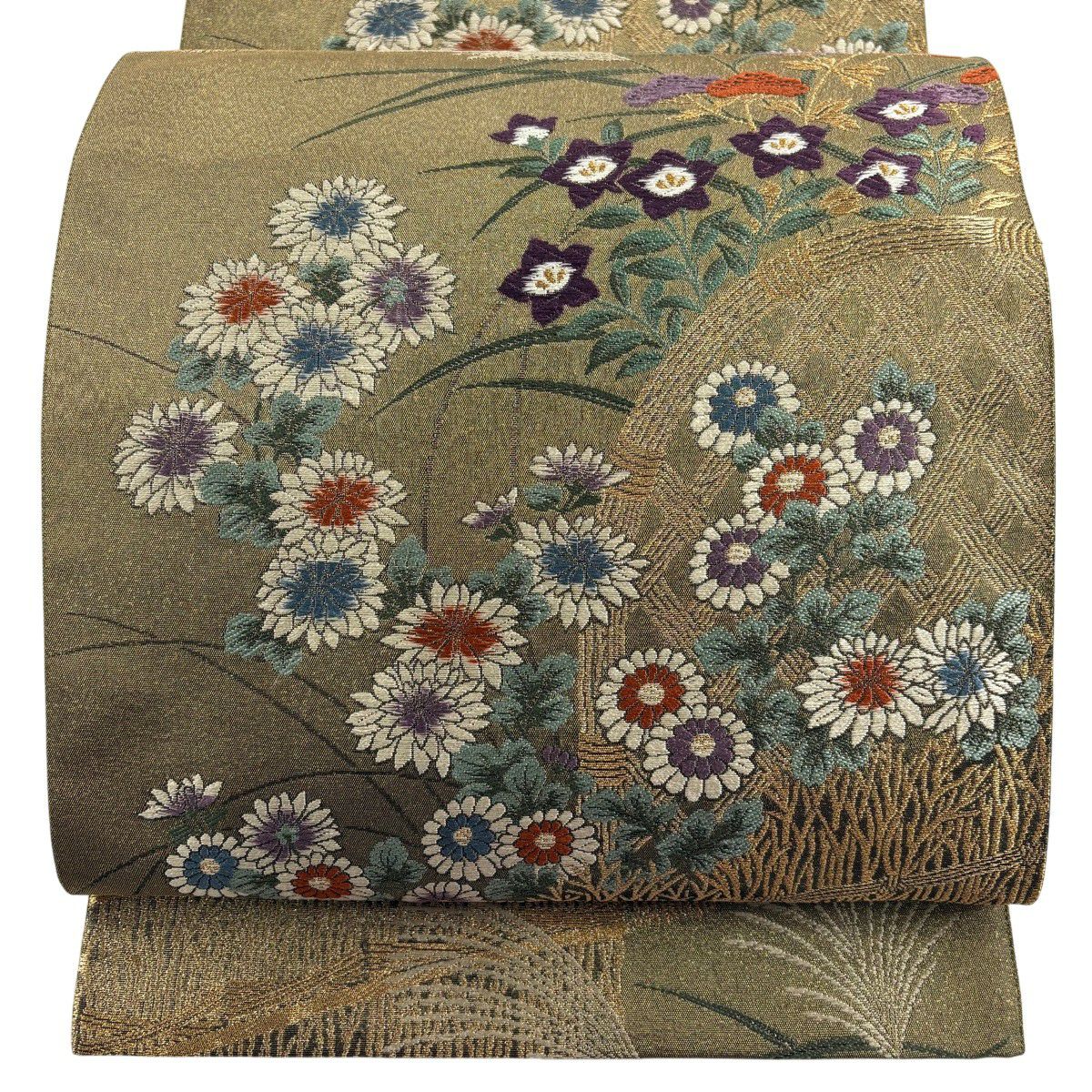 【美品】 袋帶 秀品級 花井幸子 落款あり 菊花 光悦垣 金糸 茶綠 六通 純蠶絲