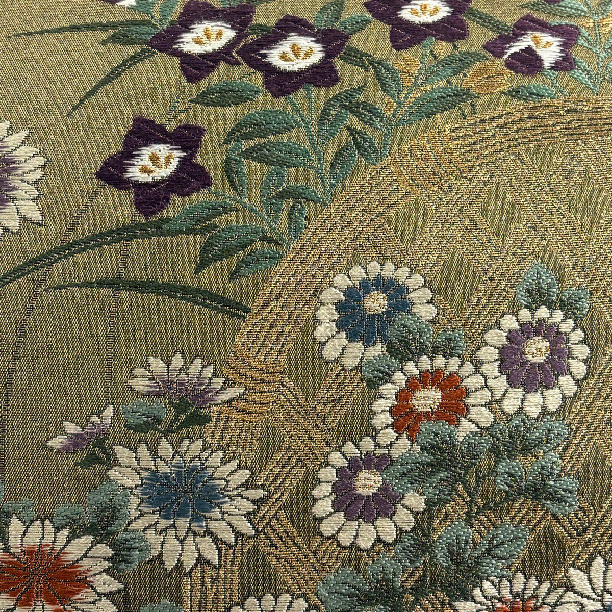 【美品】 袋帶 秀品級 花井幸子 落款あり 菊花 光悦垣 金糸 茶綠 六通 純蠶絲