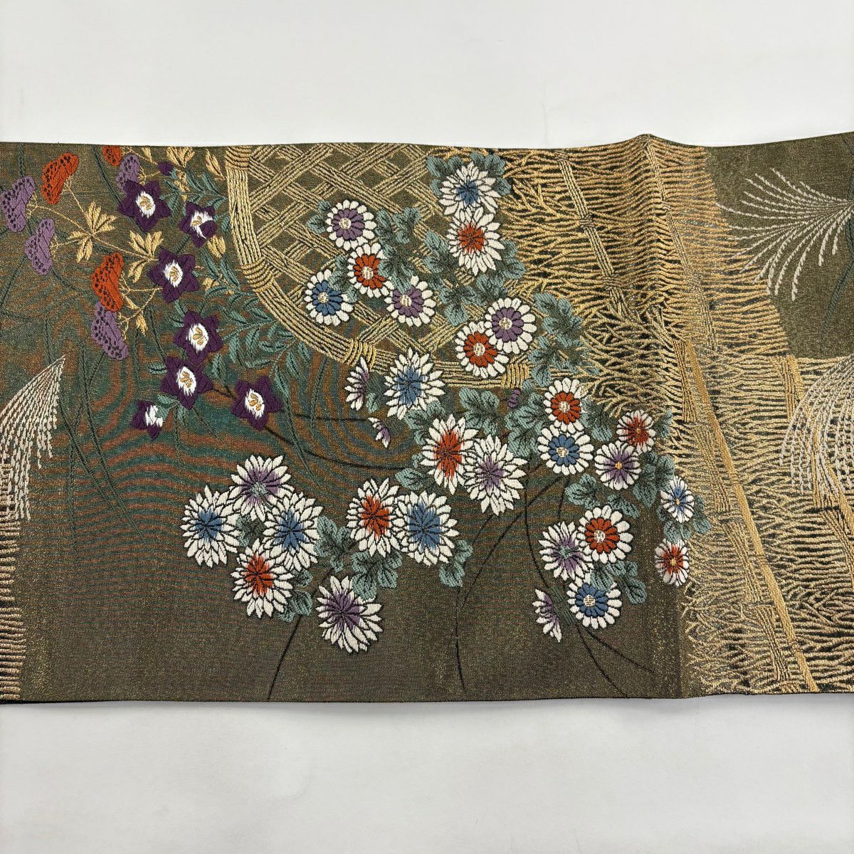 【美品】 袋帶 秀品級 花井幸子 落款あり 菊花 光悦垣 金糸 茶綠 六通 純蠶絲