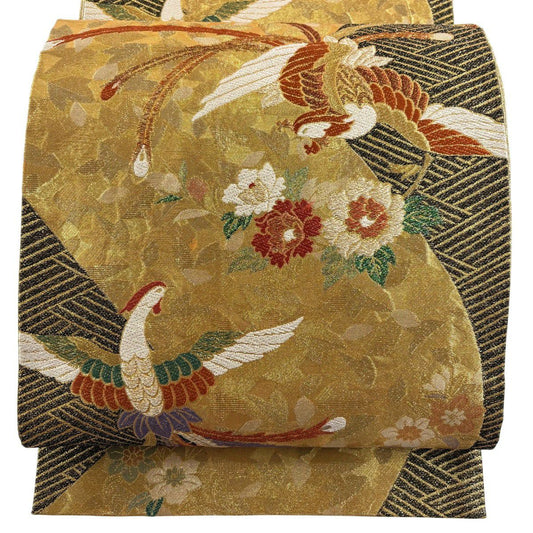 袋帶 秀品級 草花紋紋 鳥 金絲 金金箔 金色 六通 純蠶絲