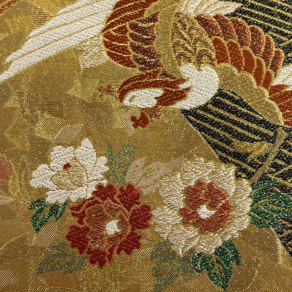 袋帶 秀品級 草花紋紋 鳥 金絲 金金箔 金色 六通 純蠶絲