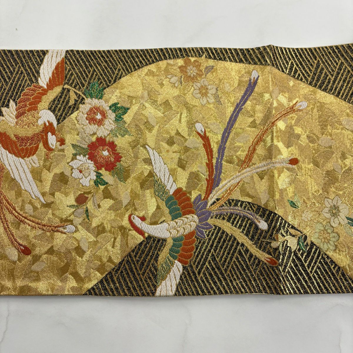 袋帶 秀品級 草花紋紋 鳥 金絲 金金箔 金色 六通 純蠶絲