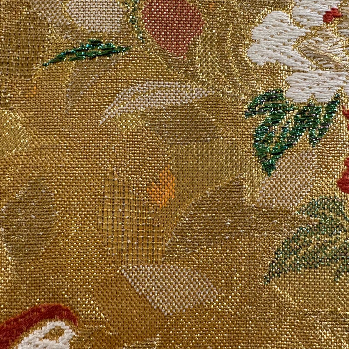 袋帶 秀品級 草花紋紋 鳥 金絲 金金箔 金色 六通 純蠶絲
