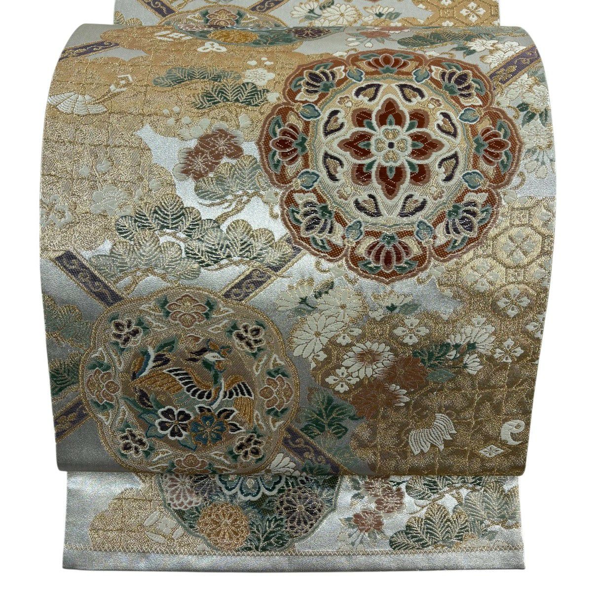 【美品】 袋帶 秀品級 華紋 花鳥 金銀絲 灰色 六通 純蠶絲