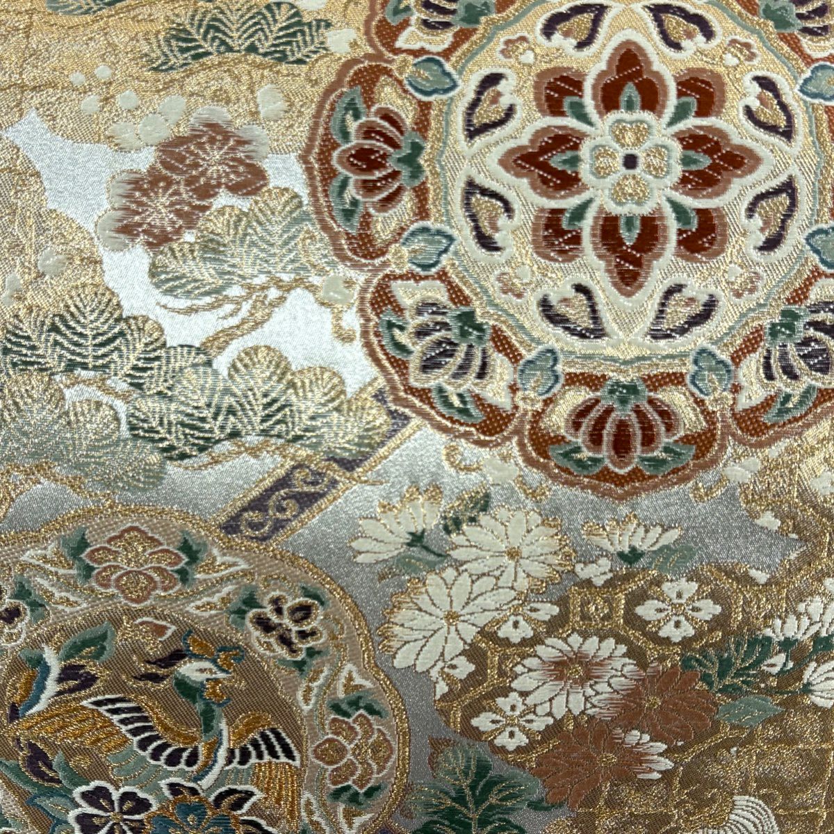 【美品】 袋帶 秀品級 華紋 花鳥 金銀絲 灰色 六通 純蠶絲